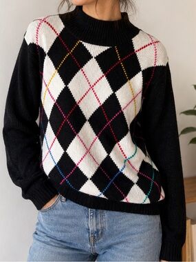Vintage Paris Sport Club Argyle Mock Neck Sweater Black White Multicolor Size M